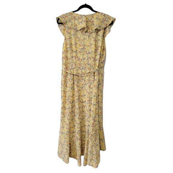 Max Studio Summer Wrap Dress Ruffle Midi Yellow Floral Flowy Hi Lo Sz L - Picture 3 of 9